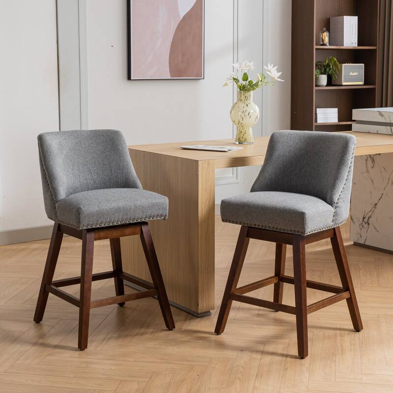 360° Swivel Barstools, Fabric Upholstered Dining Chair, Wood Legs High Bar Chair, Nailhead Trim Guest Chair, Set of 2