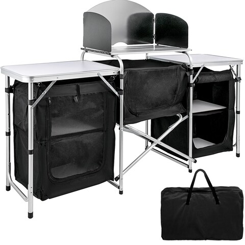 VEVOR Portable Camping Kitchen for Outdoor Activities Aluminum Folding Cook Table Windscreen and Storage Organiser