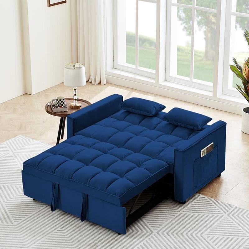 55" Modern Velvet Convertible Sleeper Sofa Bed Couch w/Pull Out Bed,Pillows and Side Pockets