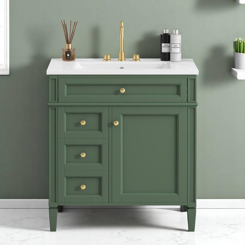 Modern 30 Inch Bathroom Vanity with Top Sink, Soft-Close Doors, Hidden Storage, and Drawer Organizer - Green