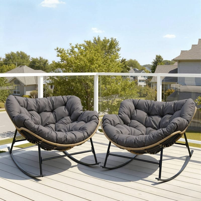FINCATI Indoor Outdoor Royal Papasan Rocking Chair, 450 lbs Capacity Outdoor Papasan Rocking Chair with Padded Cushion - 2 PCS-Grey