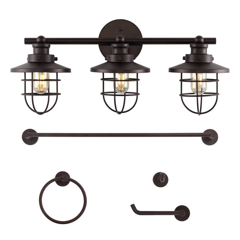 Hollis 24" 3-Light Industrial Farmhouse Vanity Light with Bathroom Hardware Accessory Set, (5-Piece) by JONATHAN Y - Oil Rubbed Bronze