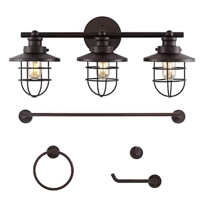 Hollis 24" 3-Light Industrial Farmhouse Vanity Light with Bathroom Hardware Accessory Set, (5-Piece) by JONATHAN Y