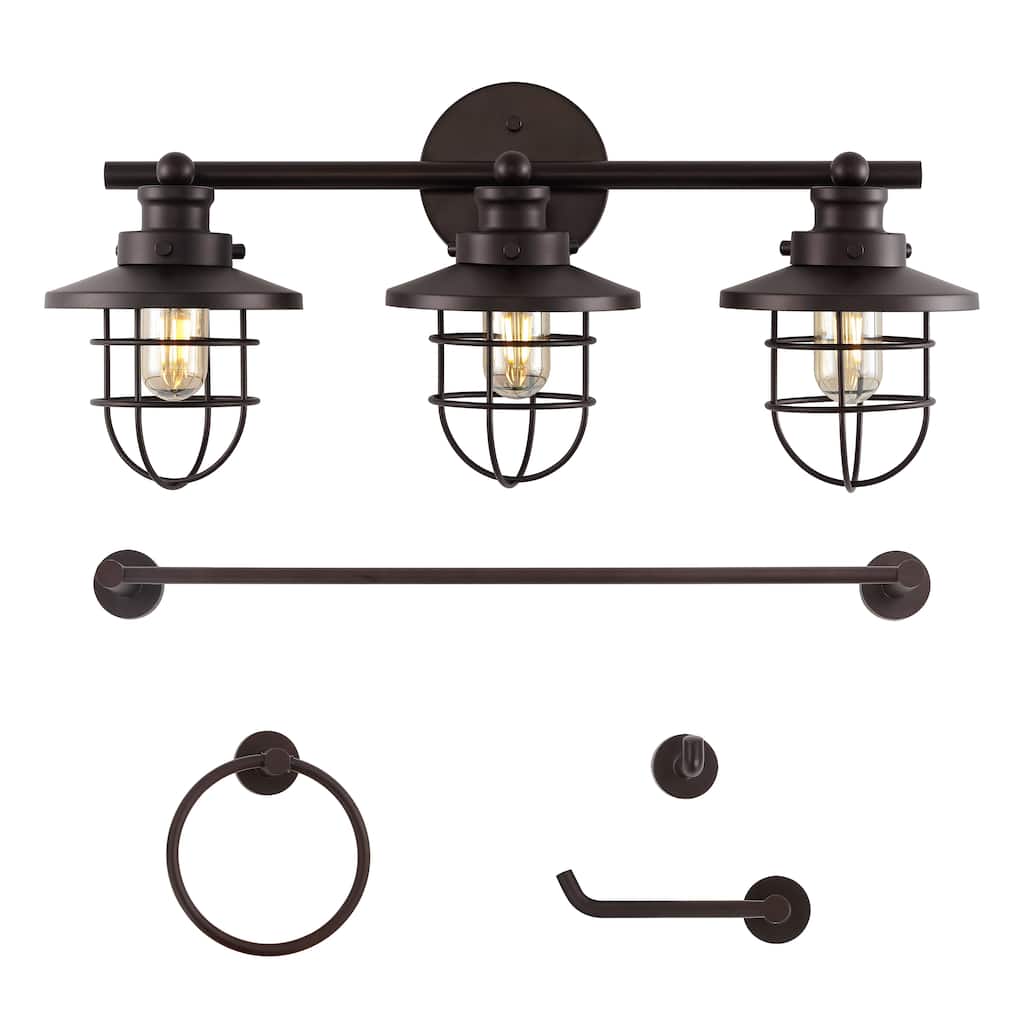 Hollis 24" 3-Light Industrial Farmhouse Vanity Light with Bathroom Hardware Accessory Set, (5-Piece) by JONATHAN Y
