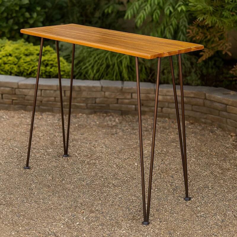 Rih Outdoor Bar Height Table, 47 Inch, Hairpin Legs, Brown Acacia Wood
