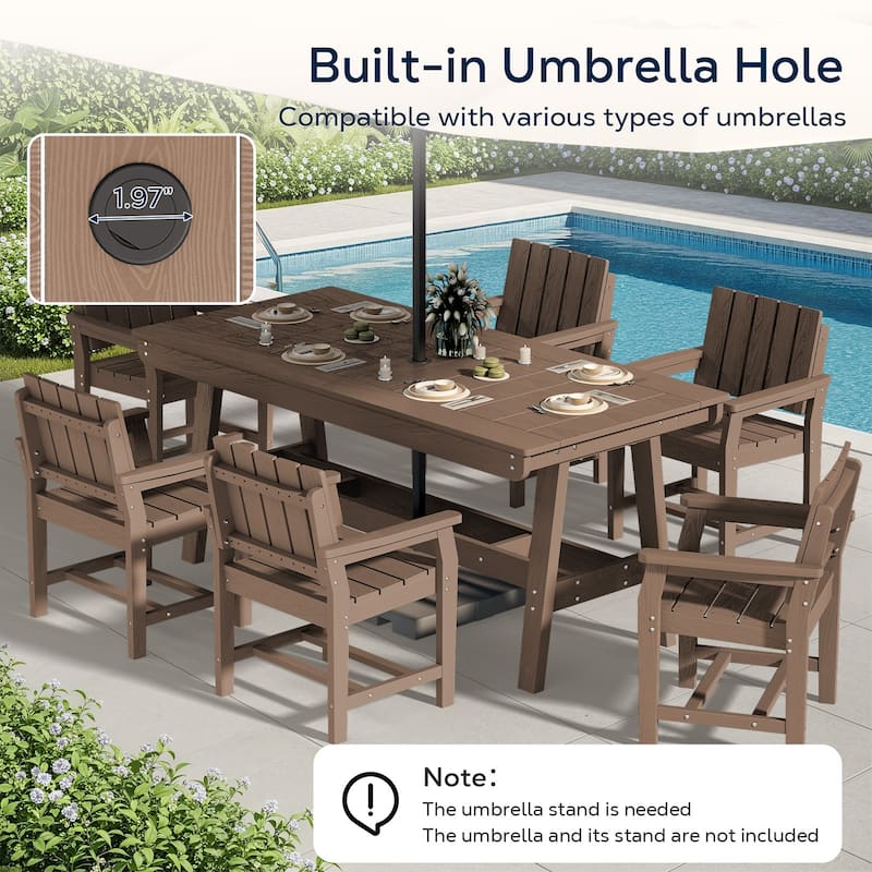 7-Piece HDPE Outdoor & Indoor Dining Set, Rectangular 67.91in W Table with Umbrella Hole and 6 Chairs Set of 7, Wood-Look Finish