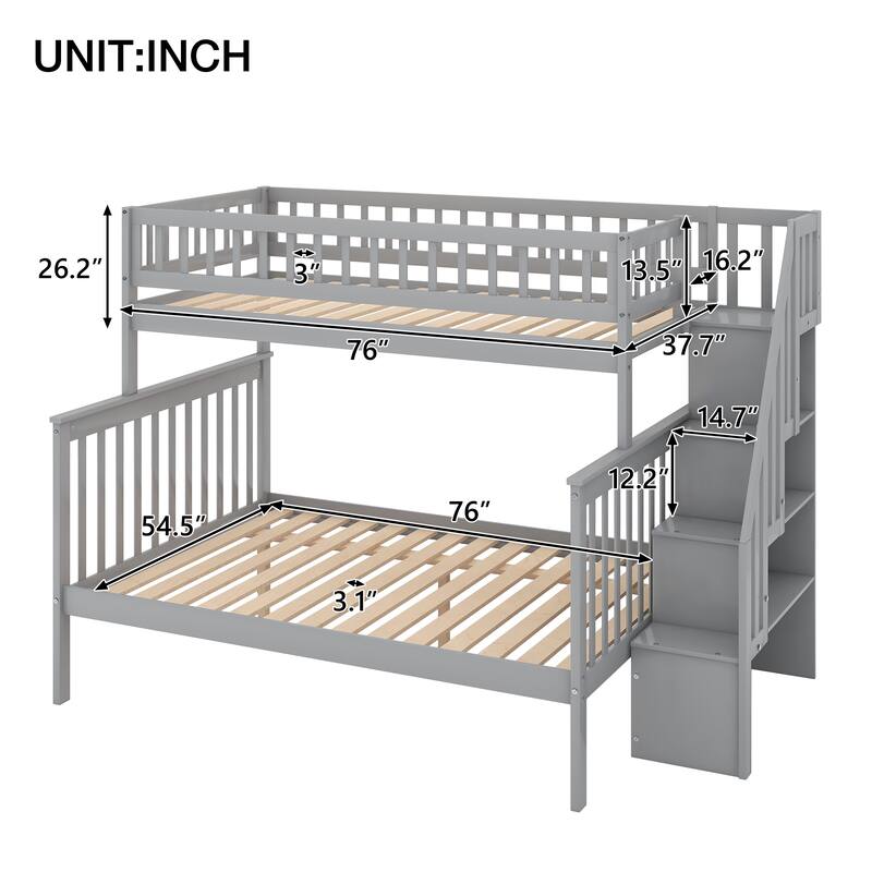 Stairway Twin Over Full Bunk Bed with 2 Drawers & Storage Stair, Solid Wood Bunkbeds Frame for Kids/Teens, Twin Over Full Size