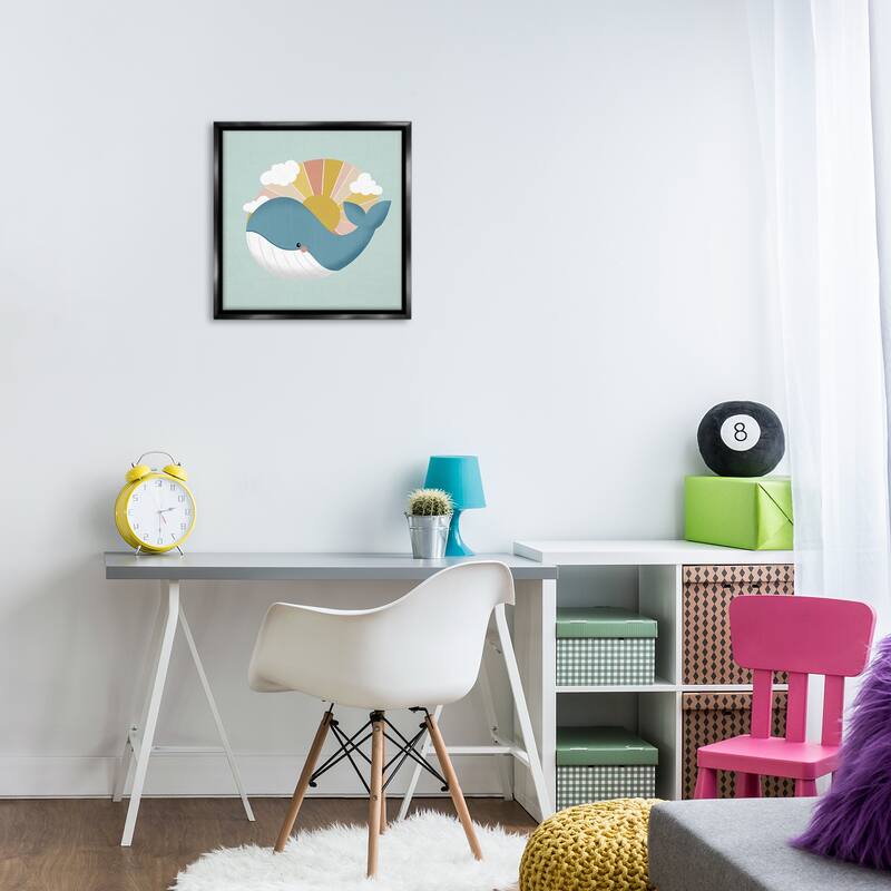 Stupell Whale & Sunshine Rays Framed Floater Canvas Wall Art Design By Sarah Hickman