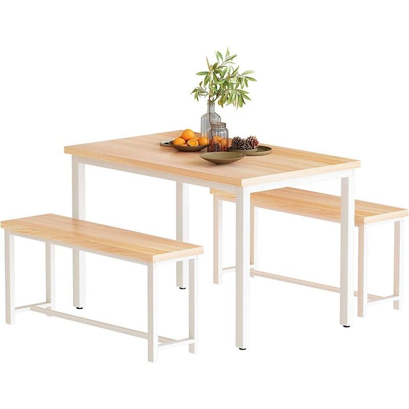 Industrial 3-Piece Dining Table Set, Retro Wood Kitchen Table Set with 2 Benches for Home Kitchen, Dining Room, Restaurant