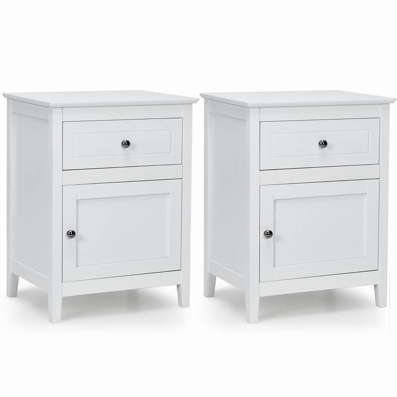 Costway 2PCS Nightstand with Drawer Accent Side End Table Storage - White