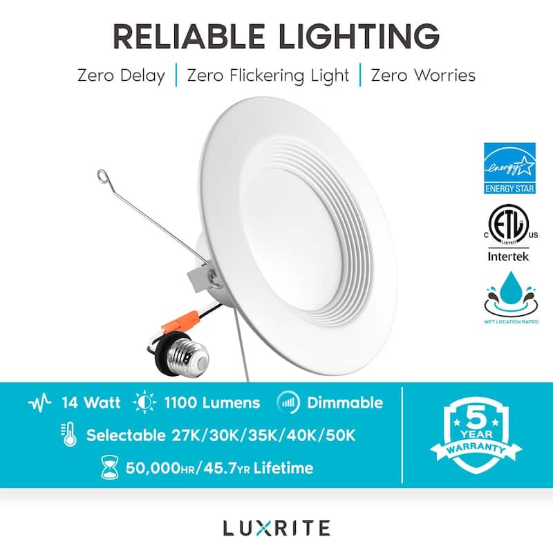 Luxrite 5/6" LED Recessed Downlight, Color Selectable 2700K - 5000K, Dimmable Can Light, 1100lm, Baffle Trim 12-Pack