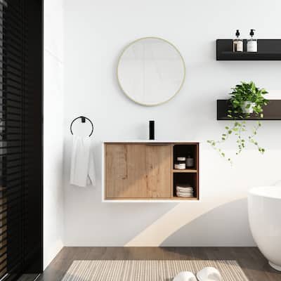 Modern 30'' Wall-Mounted Vanity with Ceramic Basin, Soft-Close Door, Durable Eco-Friendly Plywood - 30in L Plywood