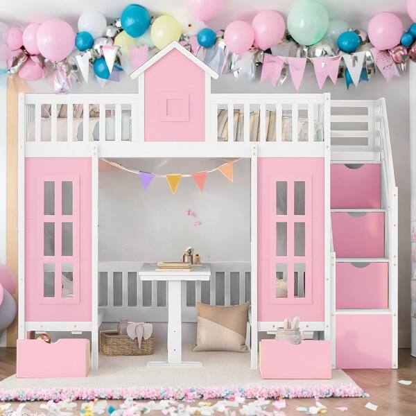 slide 2 of 10, Impression & Elegant Twin over Twin Bunk Bed Turn into Upper Bed and Down Desk, Changeable Table, Fun Place For Kids, Pink Pink