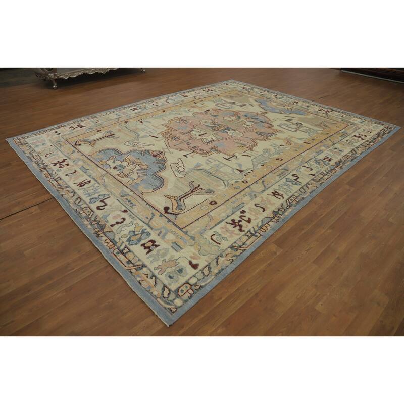 Vegetable Dye Wool Oushak Turkish Area Rug, Medallion Geometric Carpet - 11' 9'' X 9' 0''