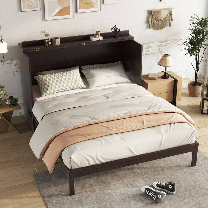 Murphy Bed Cabinet with Large Storage Drawer, Wood Hideaway Wall Bed Frame with USB Ports, Rattan Decoration Panel