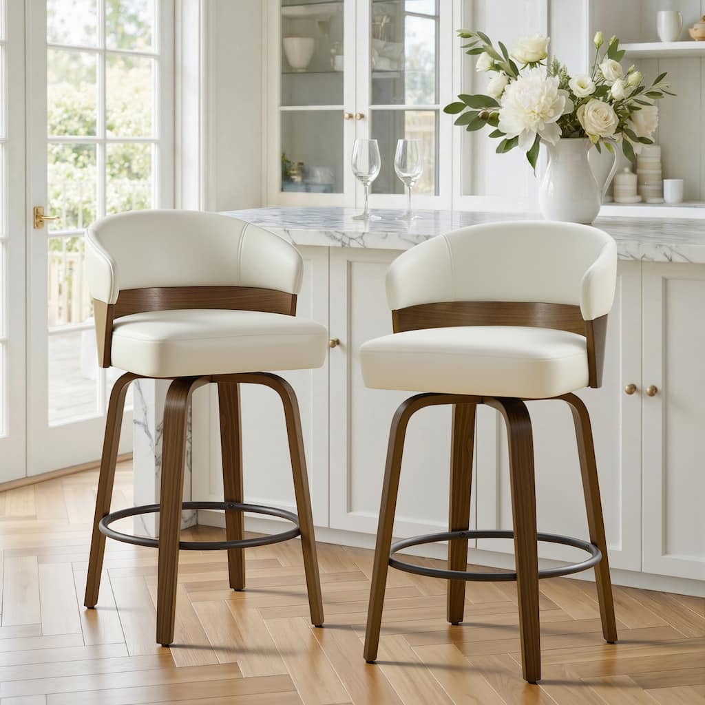27" Mid-century Modern Upholstered Swivel Bar Stool with Curved Back & Bentwood Legs - 36.2"H x 19.5"W x 21.3"D