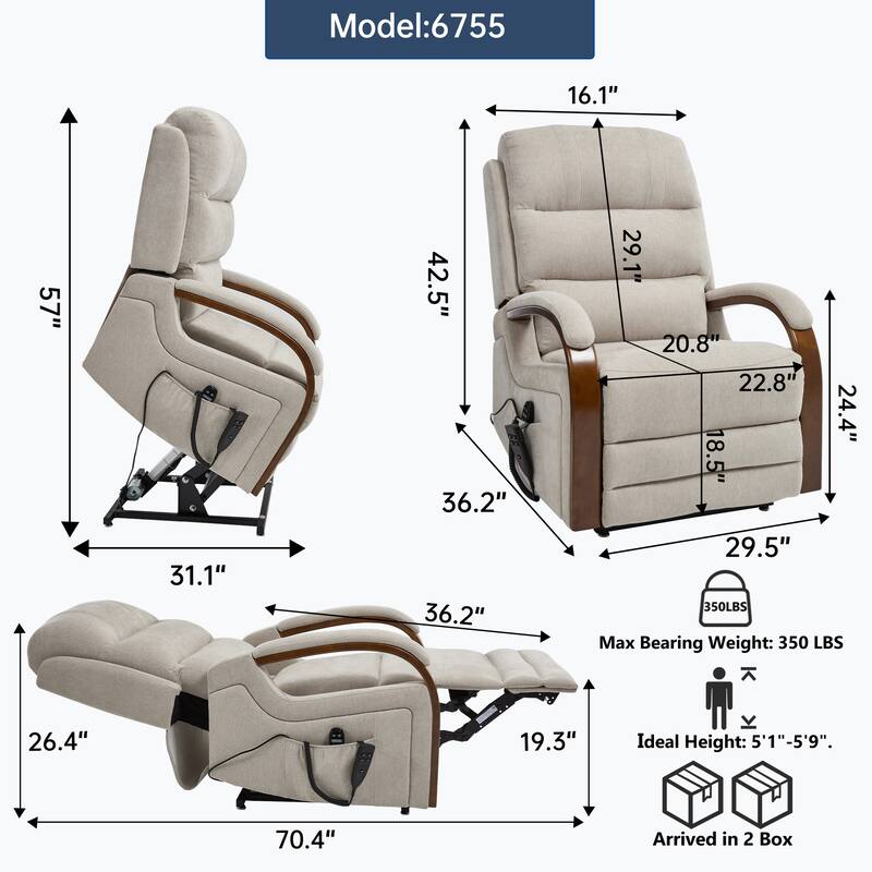 Roomfitters Dual Motor Power Lift Recliner, Infinite Position Massage Chair with Solid Wood Armrests, Chenille