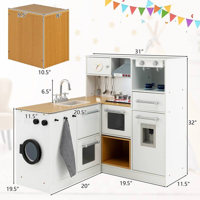 2-Pieces White-Natural Wooden Kitchen Playset with Pull-out Drawer and Cabinets - 31" x 11.5" x 32" (L x W x H)
