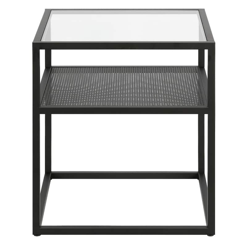 Modern Square Glass End Table with Black Steel Frame Bronze Finish Accent Table with Shelf & Storage - 20"W x 20"D x 22"H