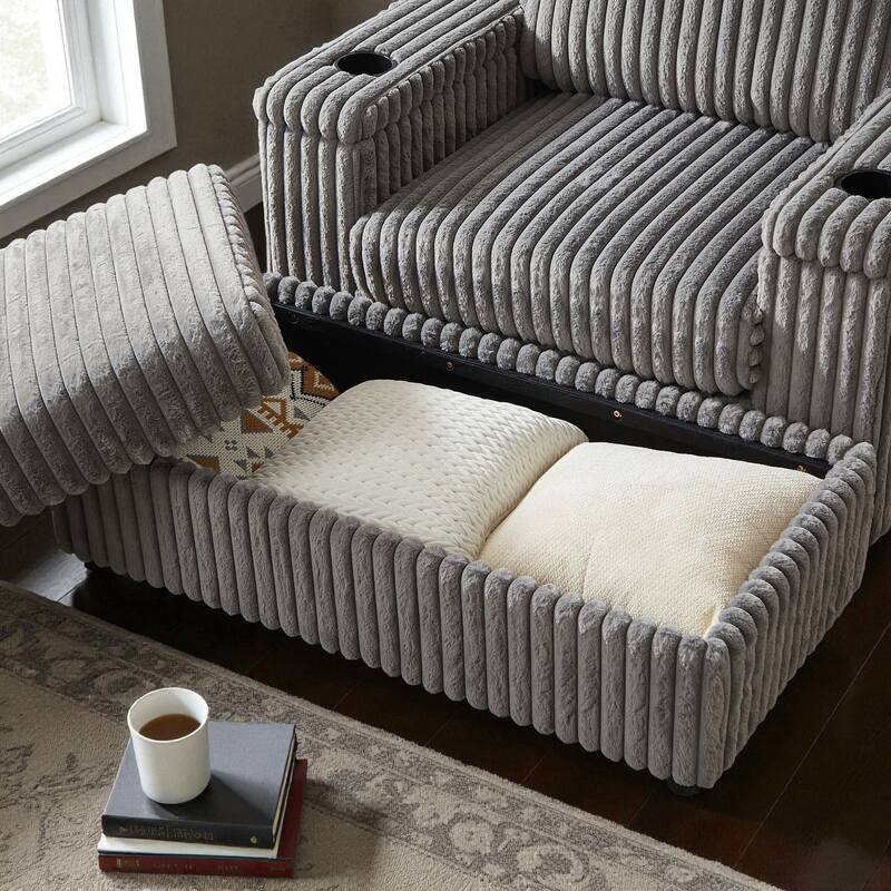 42.5" Corduroy Single Recliner Chair with Cup Holder, Storage Footrest, Armrest Storage and Backrest Pillow