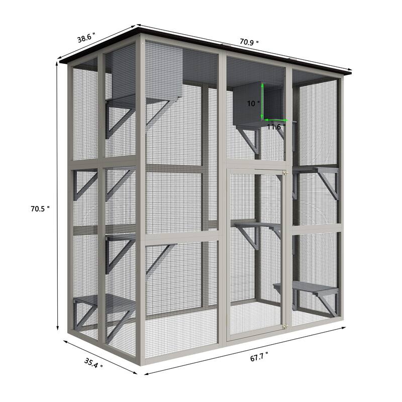 Wooden Outdoor Catio Cat Enclosure, Large Walk-in Cat House with Weatherproof Asphalt Roof, 6 Platforms & 2 Napping Box