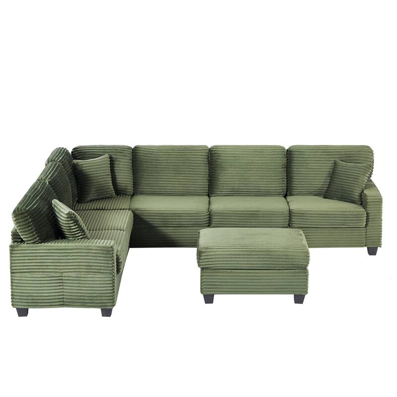 Corduroy U-Shaped Sectional Sofa 125.2" Upholstered Sofa with Movable Footstool and Side Storage Pockets, Pillow