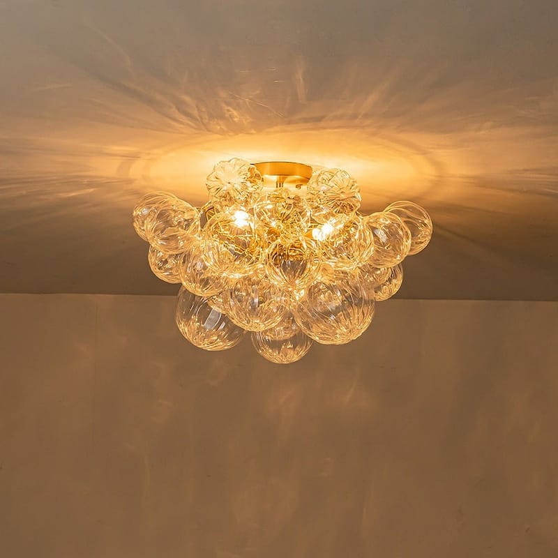Brass 3-Light Faceted Glass Globe Cluster Bubble Semi Flush Mount