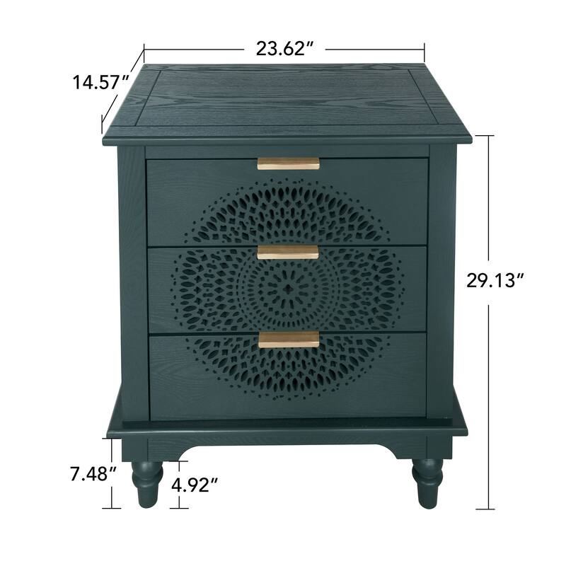Roomfitters Hollow Carved 3 Drawer Dresser, Accent Storage Cabinet with Metal Handles, Green