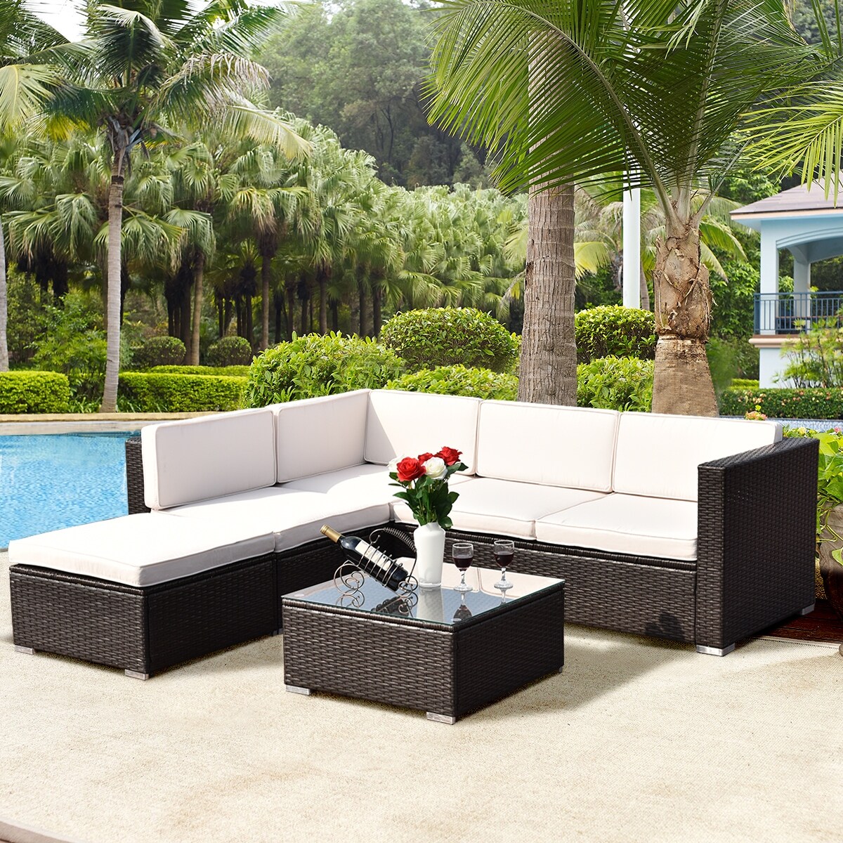 Kinsunny Wicker Furniture Set Pe Wicker Rattan Outdoor All Weather Cushioned Sofas And Ottoman Set Lawn