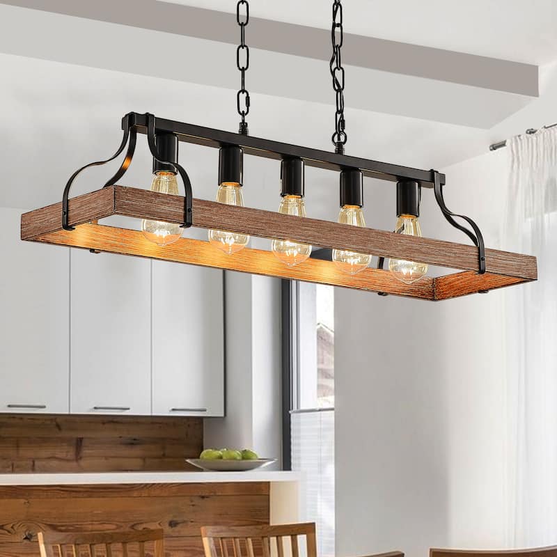 34" Linear Industrial Pendant Light – 5-Bulb Adjustable Farmhouse Chandelier for Kitchen Islands (Bulbs Not Included)‌