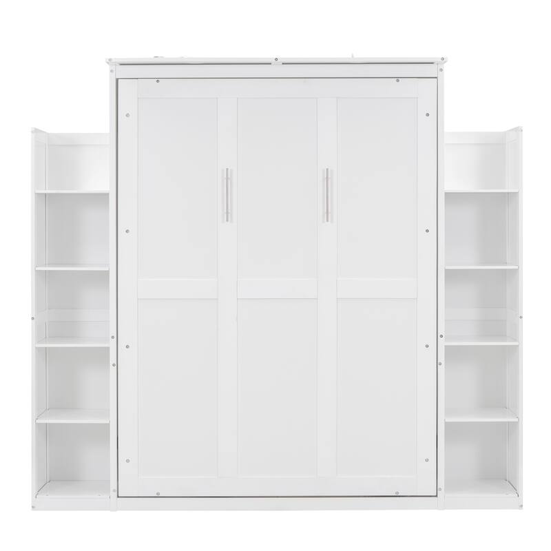 Wooden Wall Murphy Bed with Side Bookshelf & LED Lights