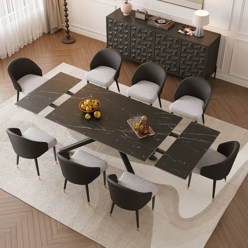 9 - Piece Extendable Rectangular Sintered Stone Cross Legs Dining Set With 8 Chairs For Home or Villa