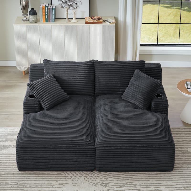 Corduroy Sleeper Sectional Loveseat Sofa, Double Chaise Lounge for Versatility with Cup Holders and Side Pockets