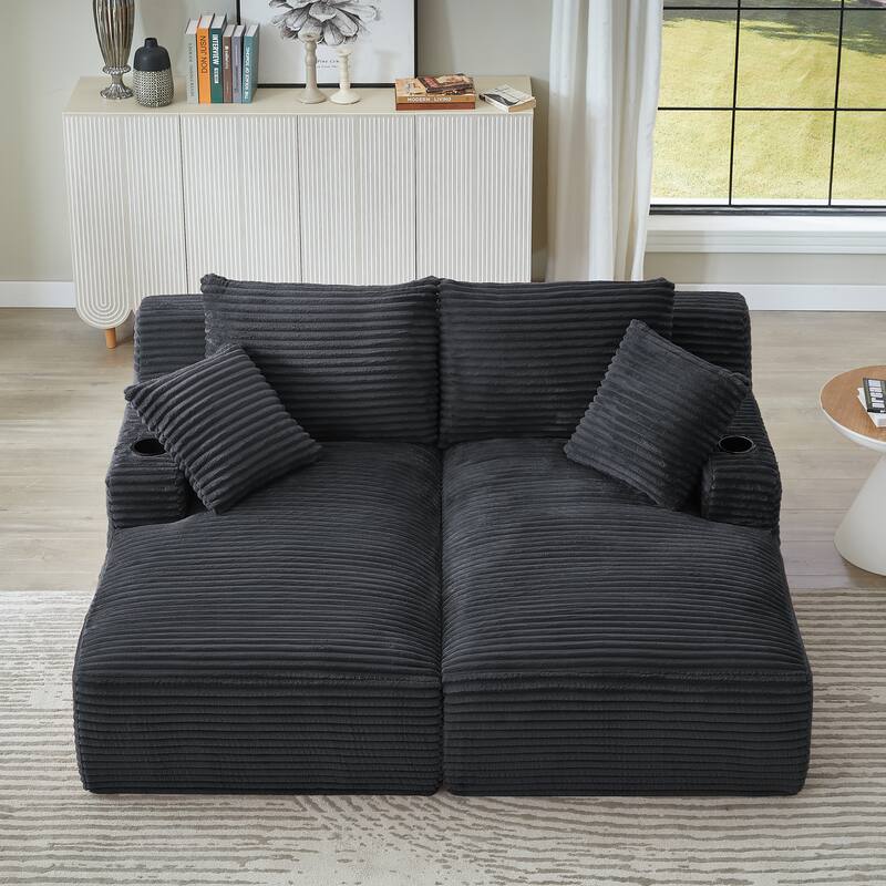 Roomfitters Double Chaise Lounge with Cup Holders and Plush Corduroy Upholstery, No Assembly Modern Sleeper Loveseat