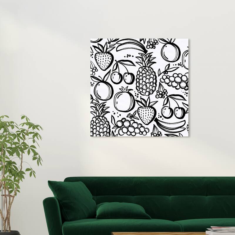 Wynwood Studio Prints Food and Cuisine Inked Fruit Pattern Black and Modern & Contemporary Wall Art Canvas Print - 30 x 30