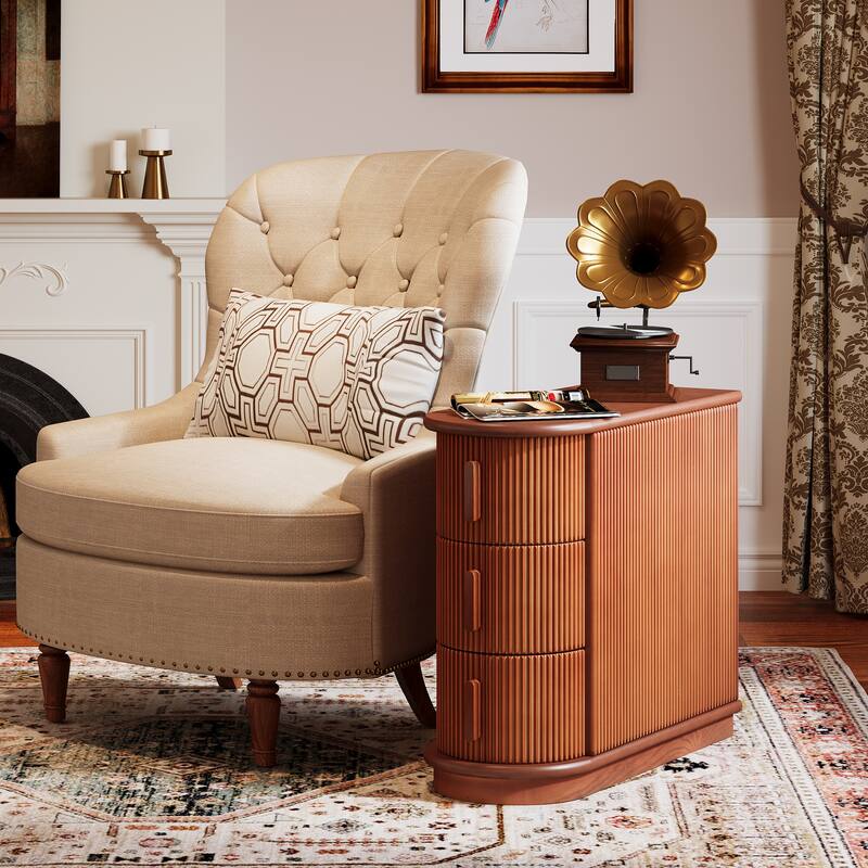 Semi-oval 3-drawer Solid Wood End Side Table for Living Room