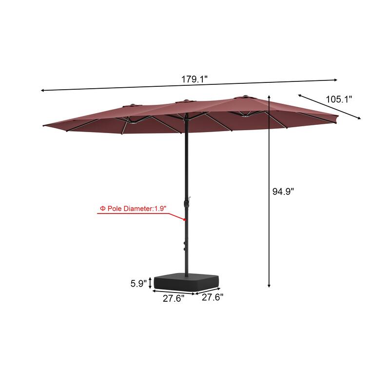 15ft x 9ft Double Patio Umbrella with Base and Sandbags, Extra Large Twin Outdoor Market Umbrella with Auto Tilt, 180g Polyester