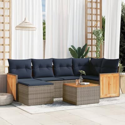 vidaXL 7 Piece Patio Sofa Set with Cushions Gray Poly Rattan - 114.3x27.2x69.3