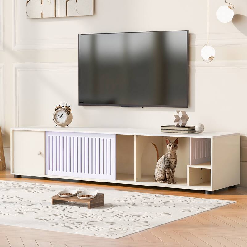 Wood Media Console with Removable Sliding Door, TV Stand with Slatted Doors, Cat-Friendly Compartments