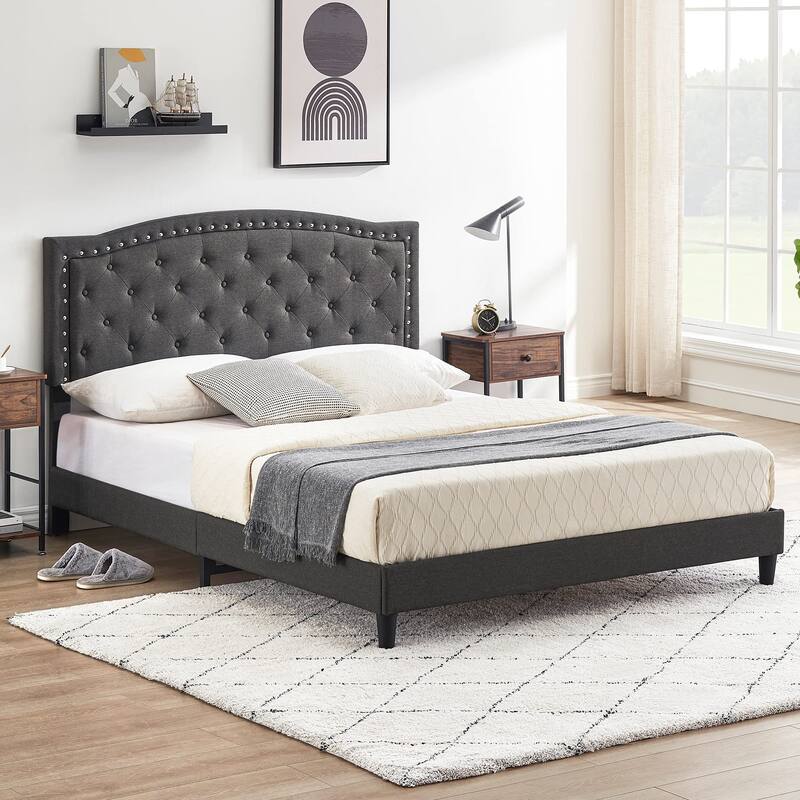 Tufted Velvet Upholstered Low Profile Standard Bed Platform Bed Frame - Grey - Queen