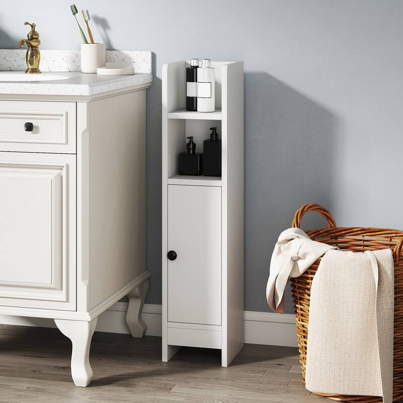 Slim Bathroom Floor Cabinet with Adjustable Shelves Magnetic Door and Open Shelves for Small Spaces - 8" x 7" x 31.5"(L x W x H)