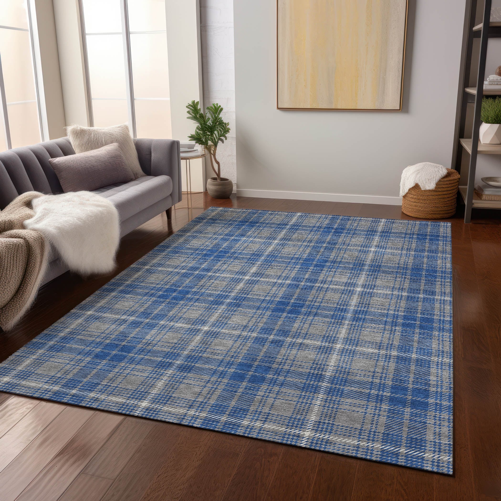 Machine Washable Indoor/ Outdoor Plaid Chantille Rug