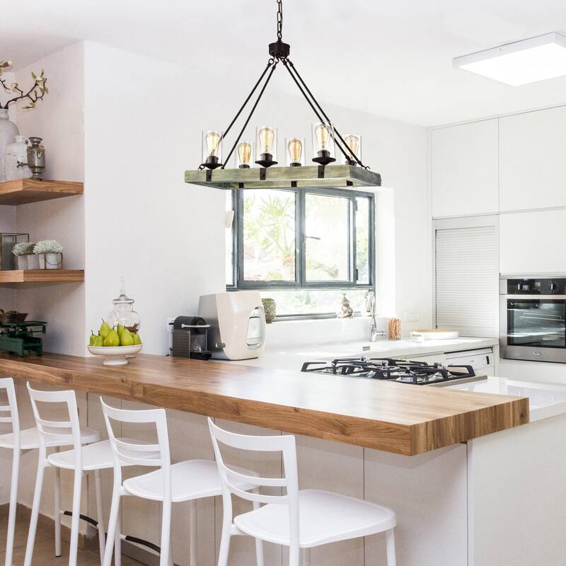 Matte Black and Vintage Wood 6-Light Linear Island Lighting