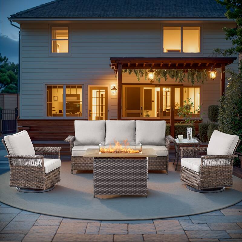 Pocassy 41 in Fire Pit Table with Patio Sofa Swivel Chair Table - Brown Wicker Beige Cushion - 5-Piece Sofa Swivel Chair Table with Fire Table
