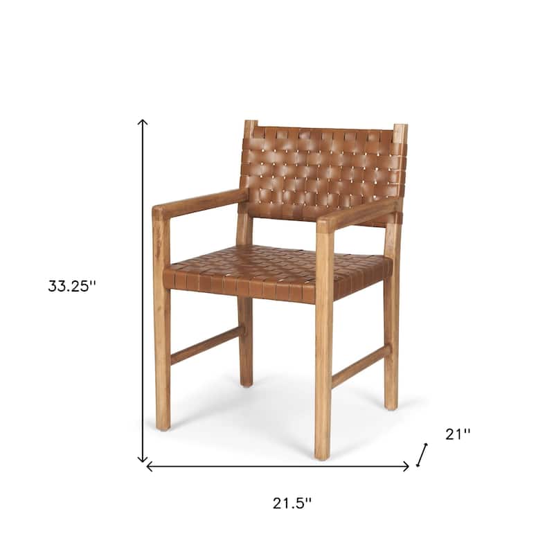 HomeRoots Brown Woven Leather And Solid Wood Dining Arm Chair - 21.5 in. x 33.25 in. x 21 in.