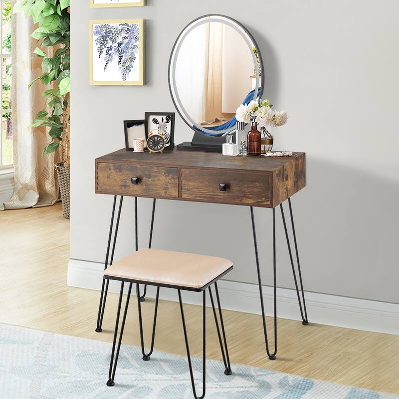 Vanity Set Makeup Dressing Table with Round Lighted Mirror