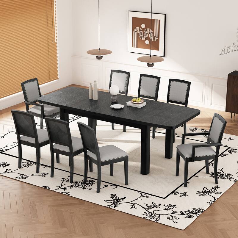 9 Pieces Extendable 84 inch Dining Table Set, 6 Upholstered Armless Dining Chairs and 2 Padded Arm Chairs - Black+ Gray