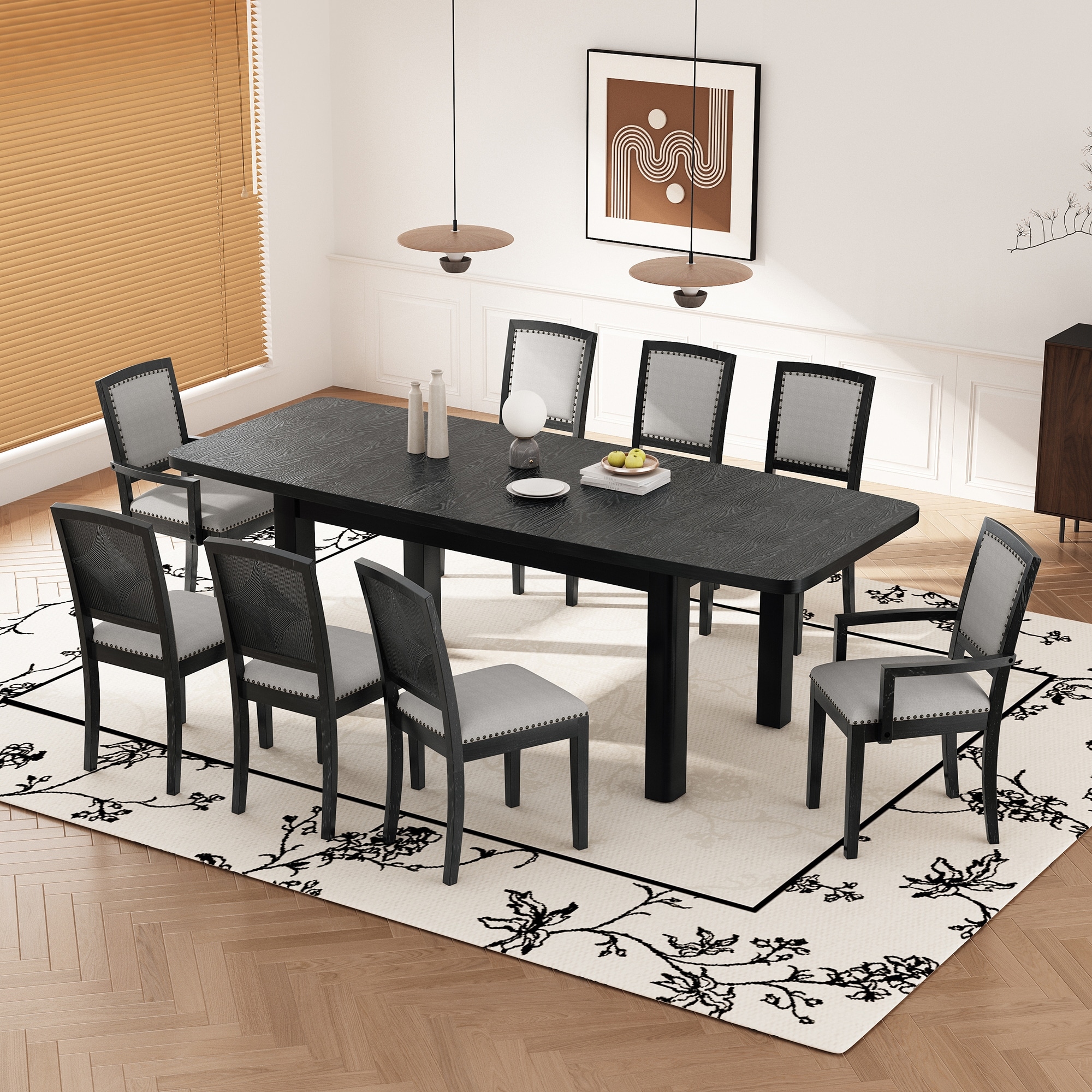 Elegant 9 Piece Dining Set Extendable 84 Inch Table with 24 Inch Removable Leaf Upholstered Chairs and Arm Chairs