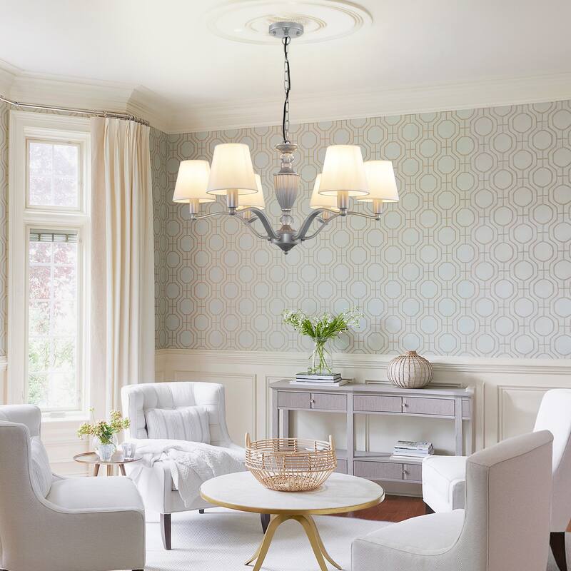 Farmhouse Dining Room Light Fixture, 6-Light Chandeliers for Dining Room with White Fabric Shade