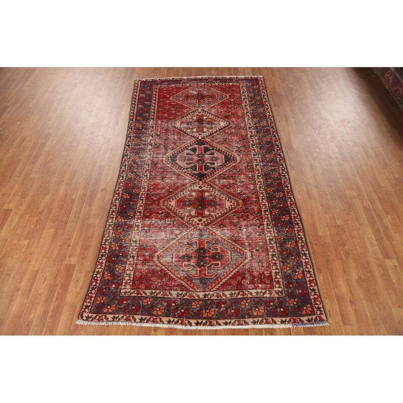 Distressed Bakhtiari Persian Vintage Rug Handmade Red Wool Carpet - 4'10"x 9'10"